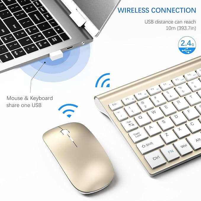 Wireless Keyboard and Mouse Ultra Slim Combo, TopMate - Gold White | 2.4G Silent Compact 2400DPI Mouse and Scissor Switch Keyboard Set with Cover, Batteries Included, for PC/Laptop/Windows/Mac