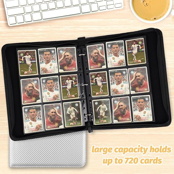 GERMUN 3 Ring 9 Pocket Zipper Card Binder, 720 Double Sided Standard PU Trading Card Album Folder for TCG & Sports Cards, Not Fit Top Loaders (Silver)