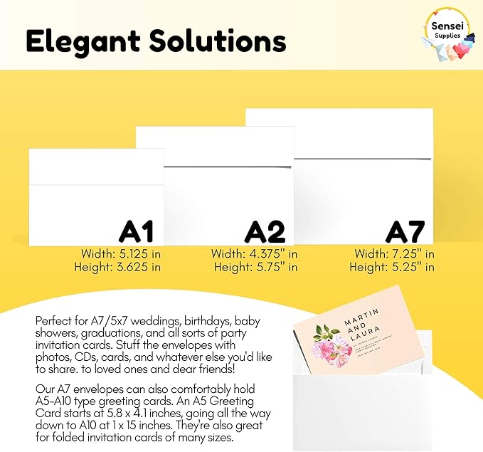 5x7 Envelopes for Invitations - 110 White Envelopes for 5x7 Cards - A7 - (5 ¼ x 7 ¼ inches) - Perfect for Weddings, Graduation, Baby Shower - 120 GSM - Peel, Press & Self Seal - Square Flap