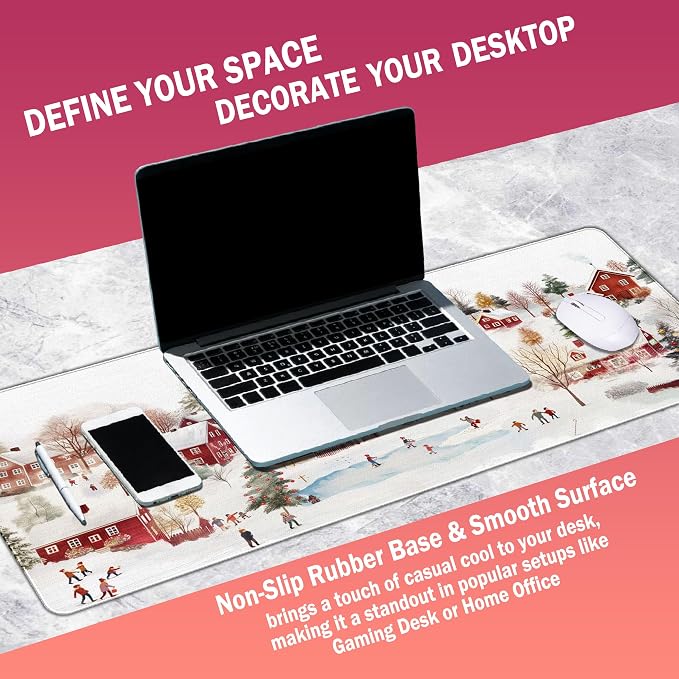 Chrismas Desk Mat Vintage Winter Mouse Pads Large, Red and White Big Farmhouse Mouse Pad for Computers, RETR Snow Gaming Mousepad XL Chrismas Wniter Gifts for Women Girls 31.5x11.8
