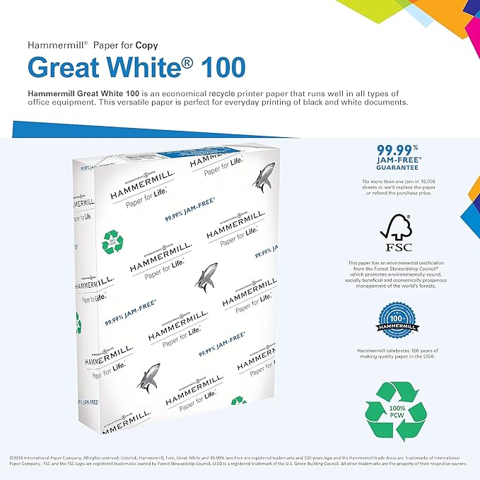 Hammermill Printer Paper, Great White 50% Recycled Paper, 8.5 x 11 - 1 Ream (500 Sheets) - 92 Bright, Made in the USA