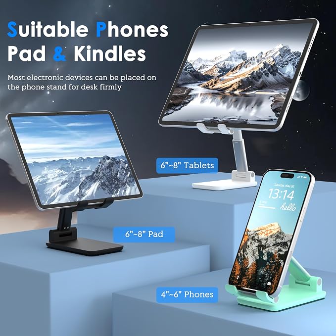 2 Pack Cell Phone Stand for Desk, Adjustable Angle & Height, Foldable Portable Phone Holder with Anti-Slip Silicone Pad, Compatible with iPhone 17/16/15/14/Smartphones 4–8 Inch, Black&Green