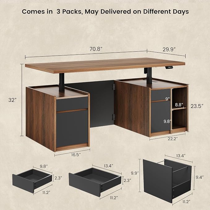 71'' Executive Standing Desk with Hutch, Power Outlet | Computer Desk with Hutch, Adjustable Dual-Workstation with Storage, Privacy Panel, Whole Piece Desktop, Black Walnut