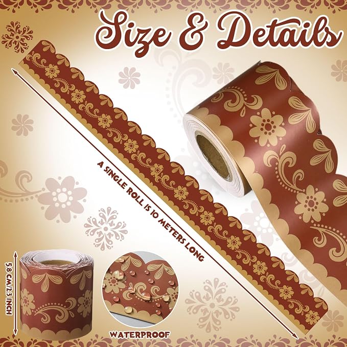 32.8 Ft Spanish Bulletin Board Borders, Fiesta Scalloped Trim | Terra Cotta with Gold Floral Design, Ideal for Classroom and Office Displays, Scalloped Edges for Fiesta Parties