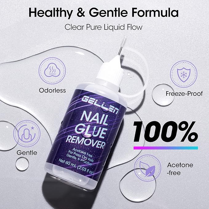 Gellen Press On Nail Remover: Pinpoint Glue Remover 2.03 Fl.oz, Non Acetone Gentle Press on Removal for Quick Dry Strong & Solid Glue, Gel X Off for Fake Nail Tip