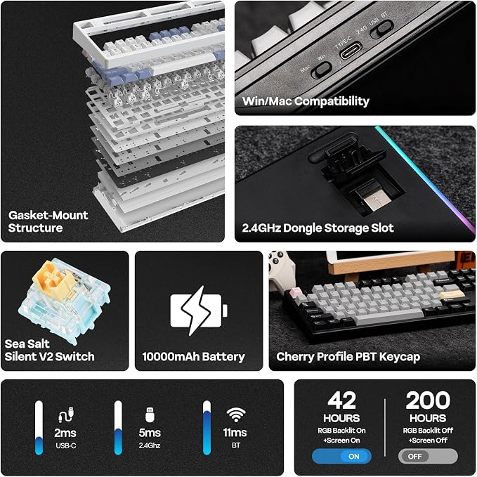 EPOMAKER TH108 PRO Full Size Mechanical Keyboard with Screen & Knob | Wireless Gaming Keyboard with 10000mAh, Creamy Gasket, Hot Swap, Custom Driver, RGB Backlight (Black, Sea Salt Silent)