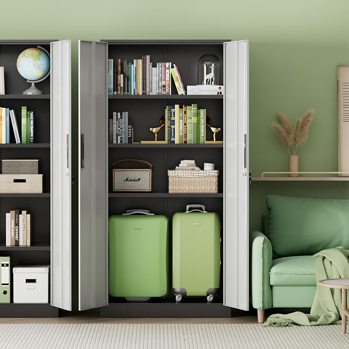 Metal Storage Cabinet with Lock, 71" H with 2 Doors and 4 Adjustable Shelves, Locking Garage Cabinet for Home Office, Kitchen, Bathroom, 16" D x 32" W x 72" H (Black Grey)