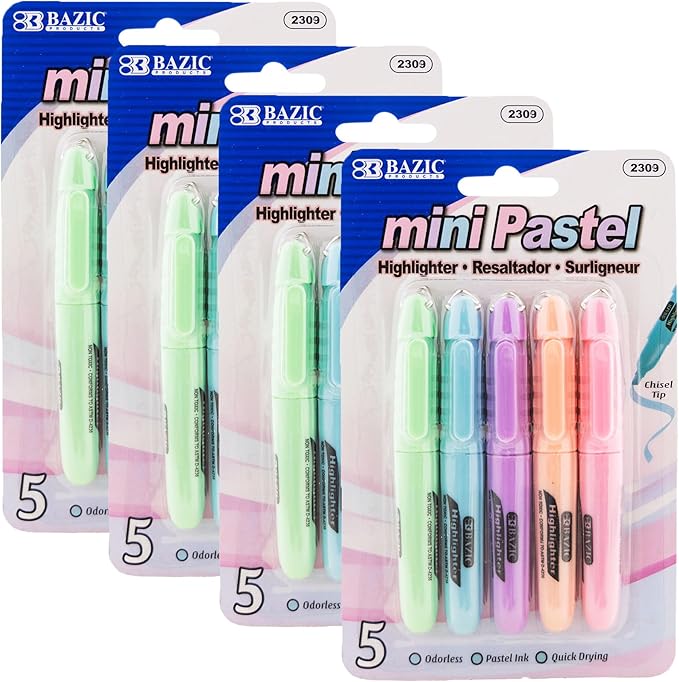 BAZIC PRODUCTS Mini Highlighter – Pastel Color Assorted Chisel Tip Highlighter Set, Desk Style Highlighter Pen for Office, School, and Study Use, Smooth Marking, (5/Pack), 4-Packs