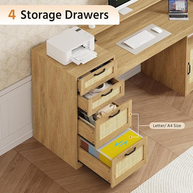 63" Rattan Computer Desk with 4 Drawers for Home Office, Bedroom | Executive Desk with Printer Stand, Monitor Stand, Home Office Desks with Power Outlets, Storage Shelves, Oak, Boho Desk