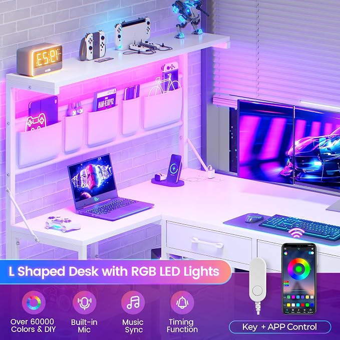 SEDETA Corner Computer Desk, Reversible L Shaped Computer Desk with Fabric Drawers and Power Outlet, 47.2” Gaming Desk with LED Lights, Storage Shelves and Hutch, White