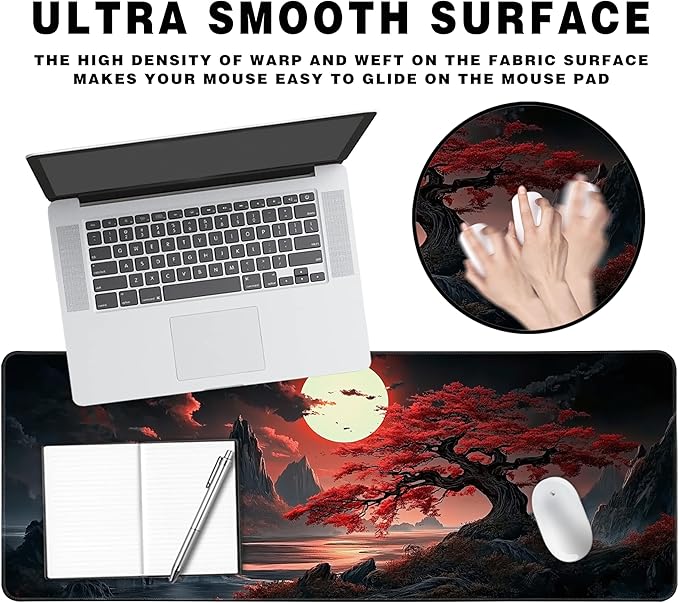 Long Gaming Mouse Pad Extended Anime Large Desk Pad with Non-Slip Base Full Keyboard Mat with Stitched Edges for Gaming and Office 31.5 x 11.8 inches (Night Cherry Blossom)