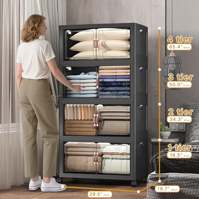 672QT Stackable Storage Bins with Lids,Doors & Wheels | Closet Organizers and Storage Cabinet, Lockable Plastic Foldable Drawers for Bedroom Dorm Office Garage（168QT*4,Black）