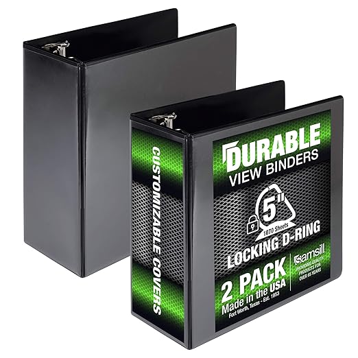 Samsill Durable 5 inch 3 Ring Binder, Locking D Ring 100% Recycled Chipboard, Black, 2 Pack