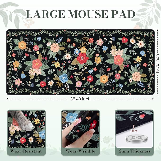 iCasso Desk Mat for Keyboard and Mouse,Cute Mouse Pad,Black Floral | Anti-Slip Desk Matt for Desktop,Soft Lycra Surface Computer Mat Women,Girly Big Mousepad for Home Office