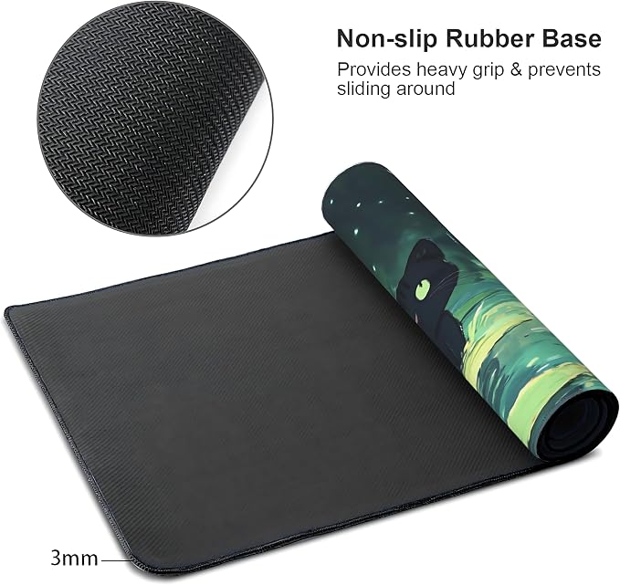Cute Anime Black Cat Gaming Mouse Pad, Forest Green Anime Desk Mat with Anti-Slip Base & Stitched Edges,35.4" x 15.7" in Desk Accessories for Women, Home Office Decor & Artistic Gift