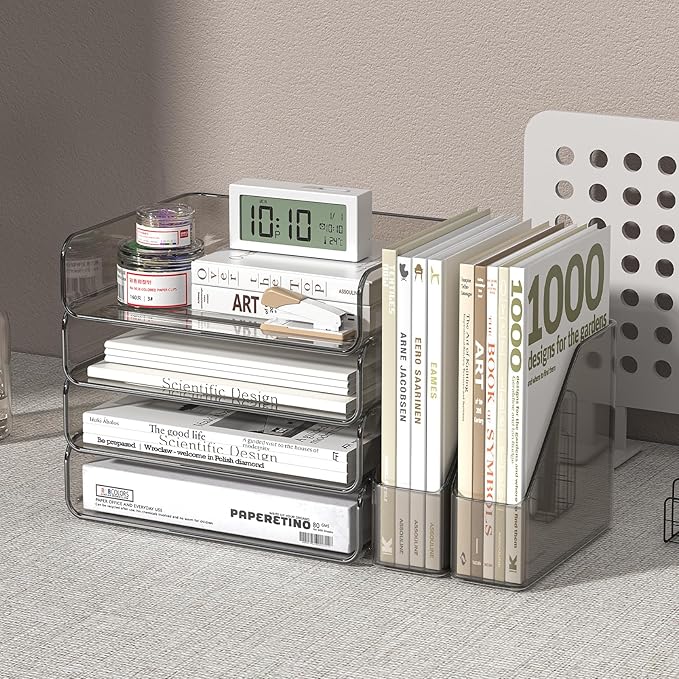 4-Tier Horizontal Acrylic Paper Tray Organizer with Booends | Clear Stackable Desk Organizer for Documents, Letters, A4 Paper | Modern Office/Classroom/Home Organization,Brown
