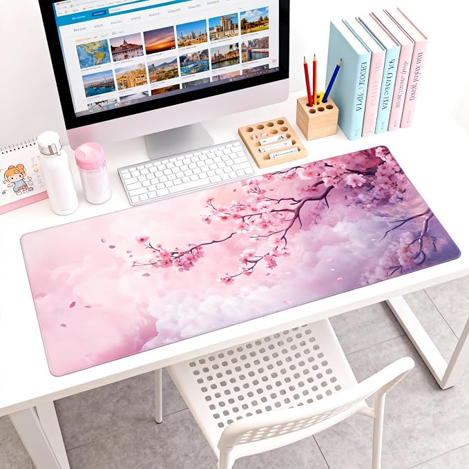 Cute Floral Aesthetic Cherry Gaming Mouse Pad, Pink Dreamy Desk Mat with Anti-Slip Base & Stitched Edges, Office & Home Desk Decor for Women, 35.4" x 15.7" in Computer Desktop Mat