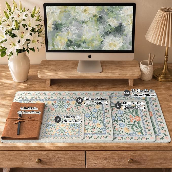 iCasso Aesthetic Desk Mat,31.5x11.8 Mouse Pads,Green Floral | Anti-Slip Mousepad with Stitched Edges, Waterproof Computer Pad, Green Desk Accessories Office Decor for Women