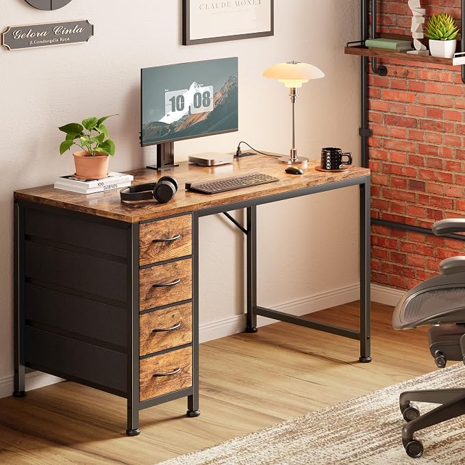 39.4 Inch Computer Office Desk with Power Outelts and USB-C Port, Reversible Gaming Desk with 4 Fabric Drawers, Work Study Desk Work from Home, Rustic Brown