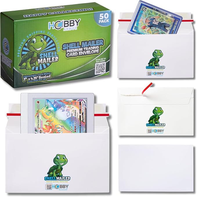 Shell Mailer Trading Card Envelopes for Shipping, Card Mailers - 50 Pack | Perfect Fit for Semi-Rigids & Toploaders, Sides Glued Flat for Sorting Machines, Premium Material, Customized Protective Flap