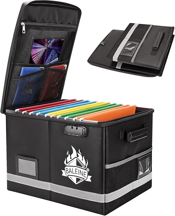 BALEINE Fireproof Document Box with Lock, Portable Waterproof Fire Proof File Organizer Box, File Storage Bag Safe Box for Important Paperwork (Black, 16''x12.5''x11.5'')