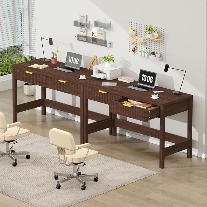47 Inch Small Fluted Computer Desk with 2 Drawers for Bedroom, Home Office | Small Computer Desk with Storage, Compact Writing Study Desk for Small Spaces, Walnut