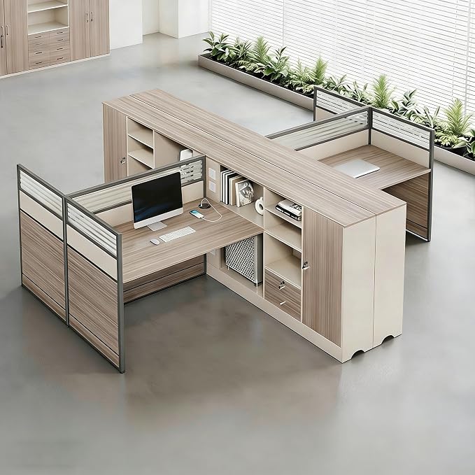 Modern Office Workstation Desk with Side Storage Cabinet, Tempered Glass Privacy Panels, USB Charging Hub & Cable Management, Modular Cubicle Desk for Office Work (A - Right, 4P)