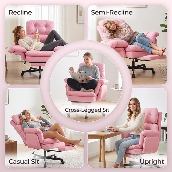 Criss Cross Office Chair with Foot Rest, Big and Tall Office Desk Chair with Flip Armrests for Pets & Cross Legged Sitting, Comfy Executive Ergonomic Reclining Computer Gaming Vanity Chair, Pink