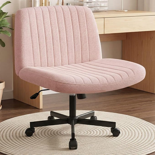 Orange Factory Criss Cross Chair, Wide Fabric Vanity Desk Seat, Pink Wheel | Cross-Legged with 360° Swivel, Height Adjustable, Smooth and Silent Wheels, Comfy Seating for Office, Desk, or Computer Use