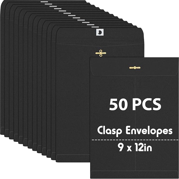 Geyee 50 Pcs 9 x 12 Inch Clasp Envelopes Letter Size Mailing Envelopes with Clasp Closure for Filing Storing Documents Office Home Business School (Black)