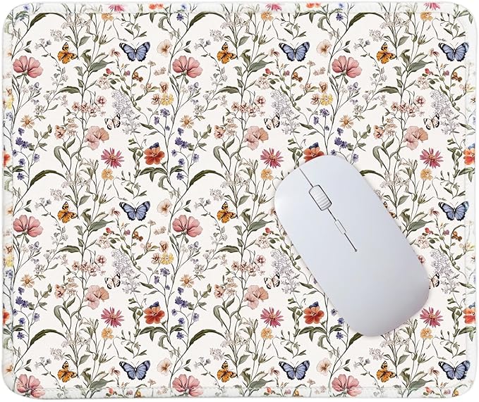 Mouse Pad for Desk with Stitched Edge, Premium Cute Washable Mouse Pads. Computer Mousepad with Non-Slip Rubber Base, Mousepads for Laptop, 9.25x7.75x0.12 inch (Floral Butterflies)