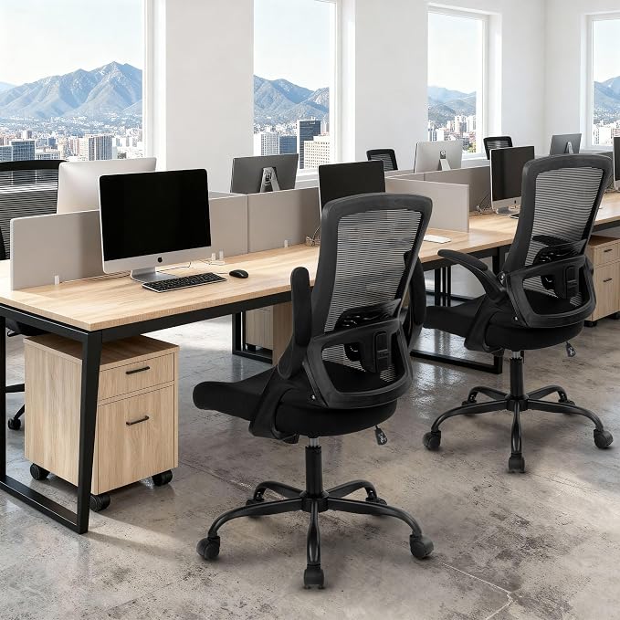 NEO CHAIR Office Desk Mesh Chair with Adjustable Ergonomic Lumbar, Black | Breathable Mesh Back Support with Flip-Up Armrests and Wide Seat Cushion for Comfortable Home Office Work and Gaming Setup