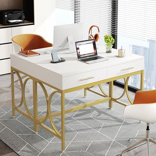 Tribesigns Modern Computer Desk with 2 Drawers Set of 2, 41 Inches Study Writing Office Desk for Home Office, Bedroom, Makeup Vanity Table Desk with Gold Metal Frame, White & Gold