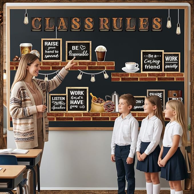 Qilery Class Rules Bulletin Board Decorations, Coffee Classroom Decor | Class Rules Brick Shelf Cutouts, Cafe Style Motivational Signs for Teacher Supplies, School Wall, Door Display