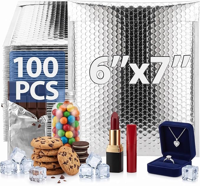 100 Pack 6 x 7 Inch Insulated Bubble Mailers, Silver | Self Adhesive Closure, Foil Lined Interior, Padded Cushioning, Waterproof, Cold Delivery Packing, for Food and Cosmetics