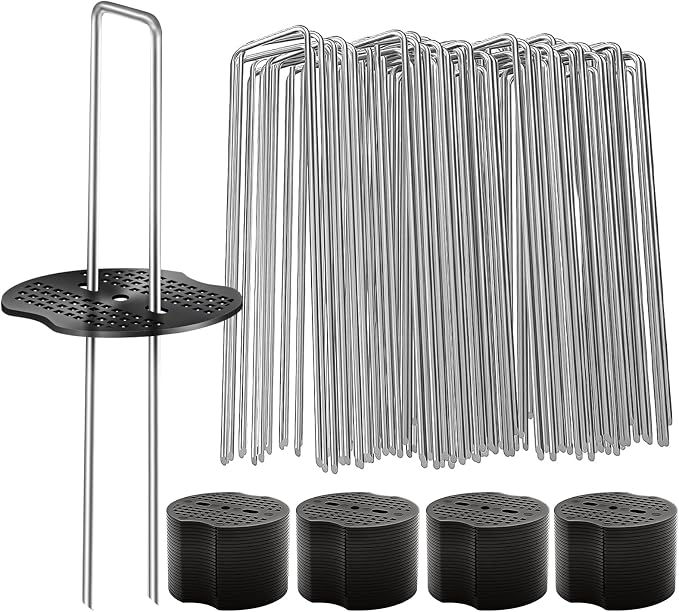 400 Pcs Garden Stakes Landscape Staples Set, 6 Inch 11 Gauge Heavy Duty Galvanized 200 U-Shaped Pins with 200 Gaskets for Weed Barrier Fabric, Grass Sod, Artificial Turf & Yard Landscaping
