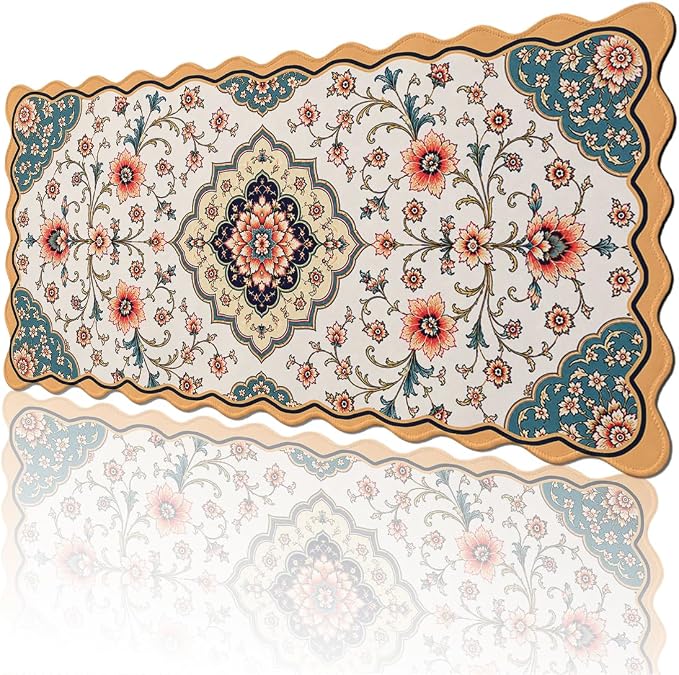 French Country Scalloped Desk Mat Vintage Coral Teal Floral Scroll Mousepad XL Large Gaming Mouse Pad Laptop Keyboard Mat Desk Pad Office Home Decor for Women Girl 31.5"x15.7"