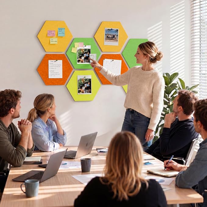 8-Pack Hexagon Felt Bulletin Board Tiles, Cork Board Alternative | For students and teachers creating vision boards in homes, offices, dorms or classrooms; includes 30 push pins.