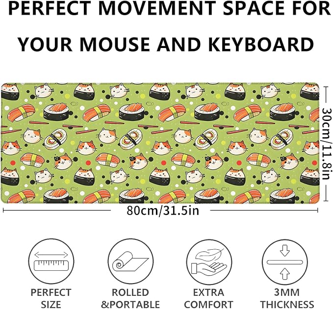 Sushi Cat Green Extended Mouse Pad 31.5x11.8in, Cute Food Pattern Large Desk Mat with Non-Slip Rubber Base, Big Mousepad for Laptop Computer PC, Gaming Office Home Decor, Deskmat Gifts