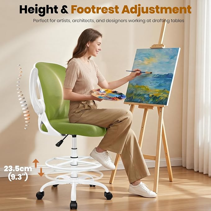 Drafting Chair Tall Office Chair with Flip-up Armrests Executive Ergonomic Computer Standing Desk Chair with Lumbar Support and Adjustable Footrest Ring (AvocadoGreen)
