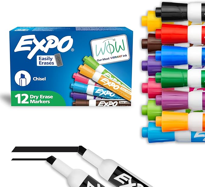 EXPO Low Odor Dry Erase Markers Chisel Tip Assorted Colors 12 Count