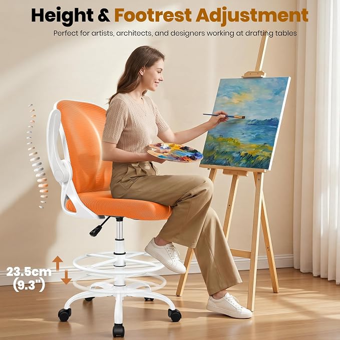 Drafting Chair Tall Office Chair with Flip-up Armrests Executive Ergonomic Computer Standing Desk Chair with Lumbar Support and Adjustable Footrest Ring (Sunset Orange)