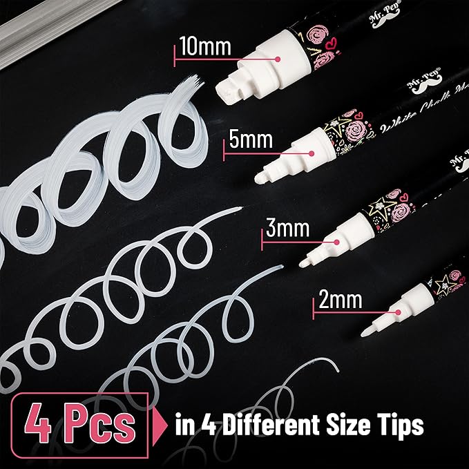 Mr. Pen- White Chalk Markers, 4 Pcs, Assorted Size, Liquid Chalk Pen for Chalkboards