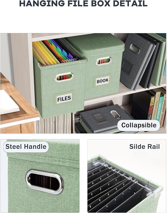 File Organizer Box with Lid, Hanging Filing File Box with Mesh Pocket, Document Organizer Box for Letter Files, Portable Storage Box(1 PCS, Green)