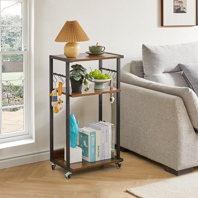 YMYNY 3-Tier Mobile Printer Stand 32.28*17.32*11.81" Rustic Brown HPT002H | Printer Cart with Adjustable Storage Shelf & 6 S-Hooks Tall Printer Table for Home Office,for Computer Tower Stand,Shredder
