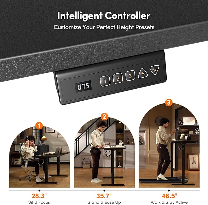 FEZIBO 48 x 24 Inchs Electric Standing Desk, Height Adjustable, Sit Stand Up, Computer Office Desk with Splice Board, Black Frame/Black Top