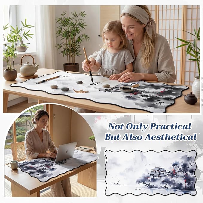 Kingdder Scalloped Japanese Desk Mat Large Aesthetic Ink Mouse Pad 31.5" x 15.7" Chinoiserie Nonslip Rubber Base Keyboard Pad for Laptop Gaming Office Computer Dorm Home