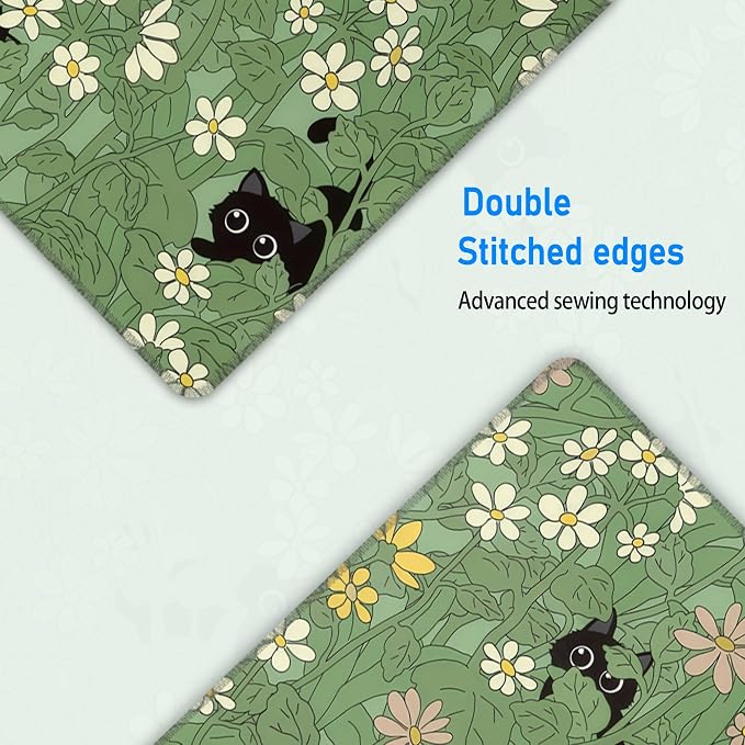 Green Wild Grass Flower Desk Mat,Black Cat Large Mouse Pad,31.5x12in | Cute Kitty Extended Gaming Keyboard Mat,XL Kawaii Anime Plant Mousepad with Non-Slip Base and Stitched Edge,80 x 30 cm
