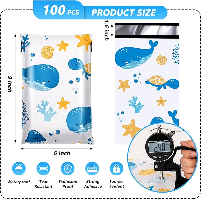 Ocean Printed Poly Mailer 6x9 Inch 100 Pcs, Waterproof and Tear-Resistant Shipping Bags for Clothing, Strong Mailing Bags with Self-Seal, Cute Packaging Bags for Small Business