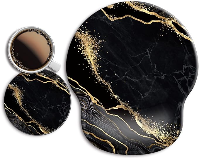 Ergonomic Mouse Pad with Wrist Support Rest,Large Mousepad Gel Wrist Rest, with Coaster Non-Slip & Pain Relief for Computer, Desk, Home&Office-Black Golden Marble 2